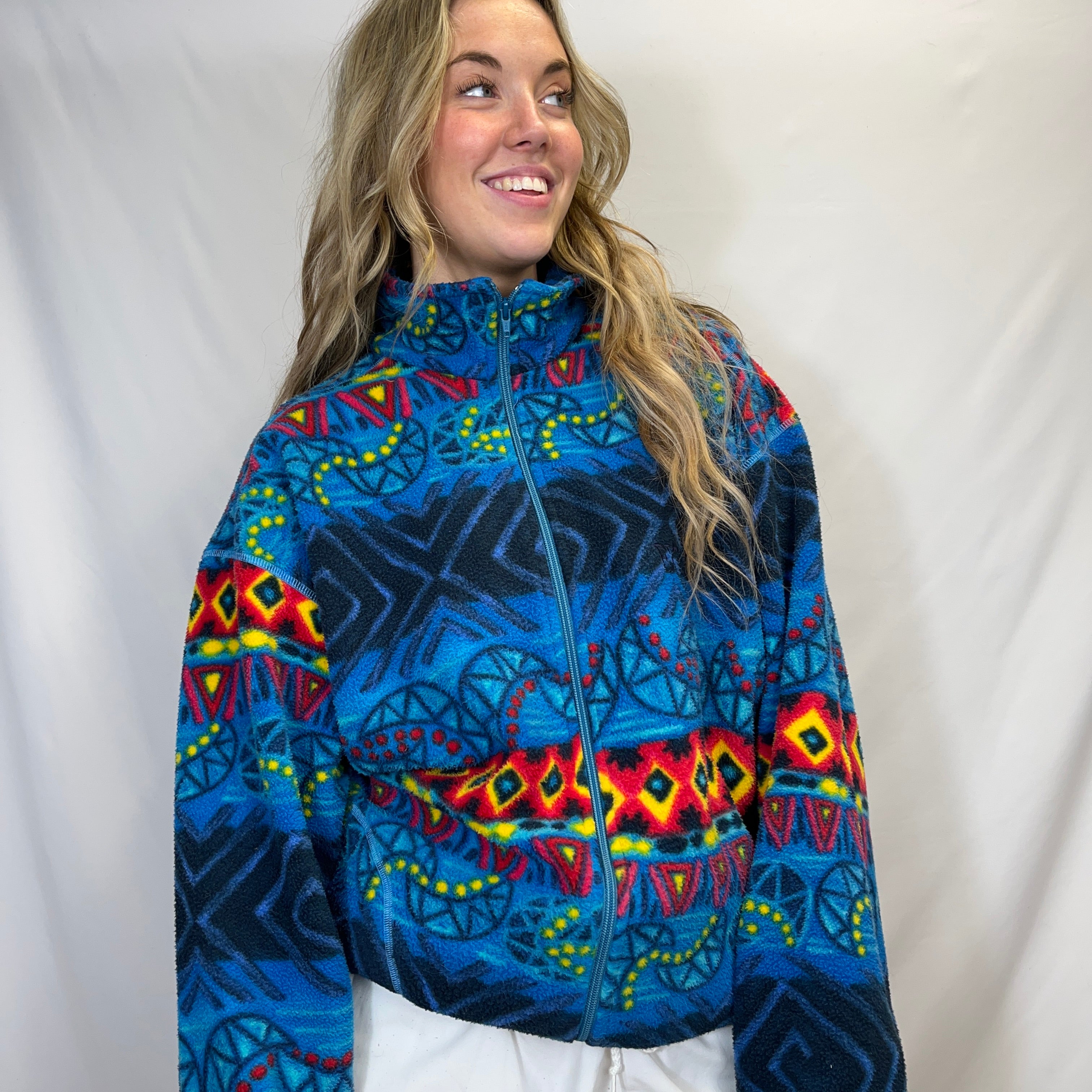 Crazy Pattern Funky Patterned Fleece Jacket Size L Womens Blue 